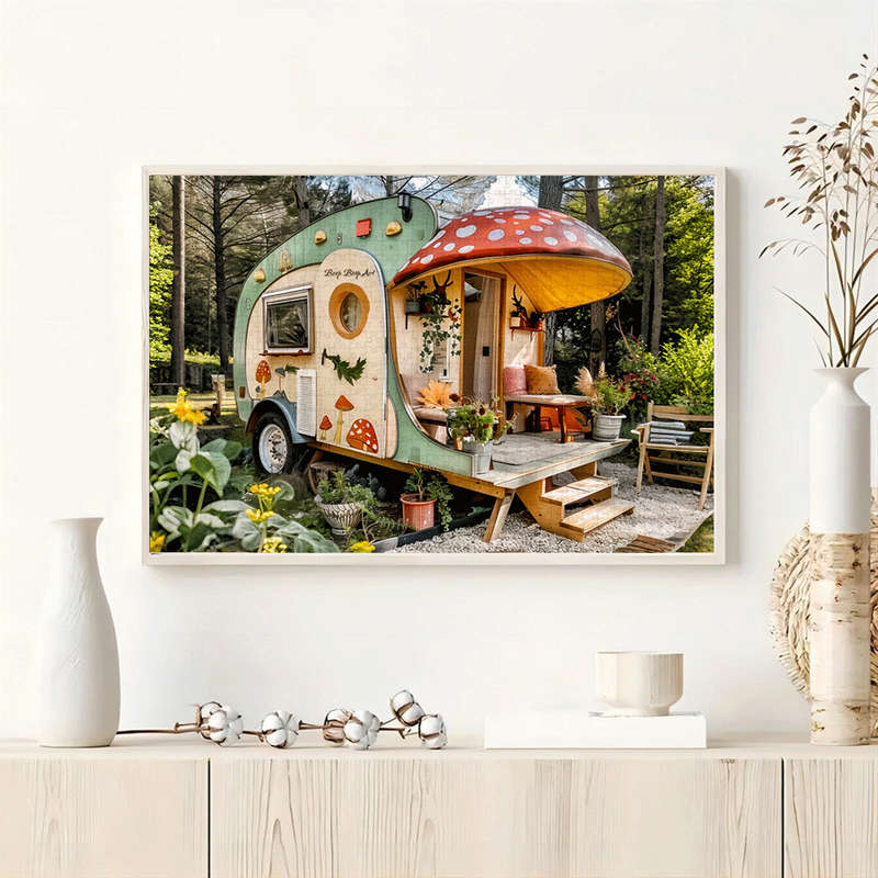 1000pcs Mushroom-Shaped Camper Van Forest Scene Jigsaw Puzzle Large Paper Puzzle fo