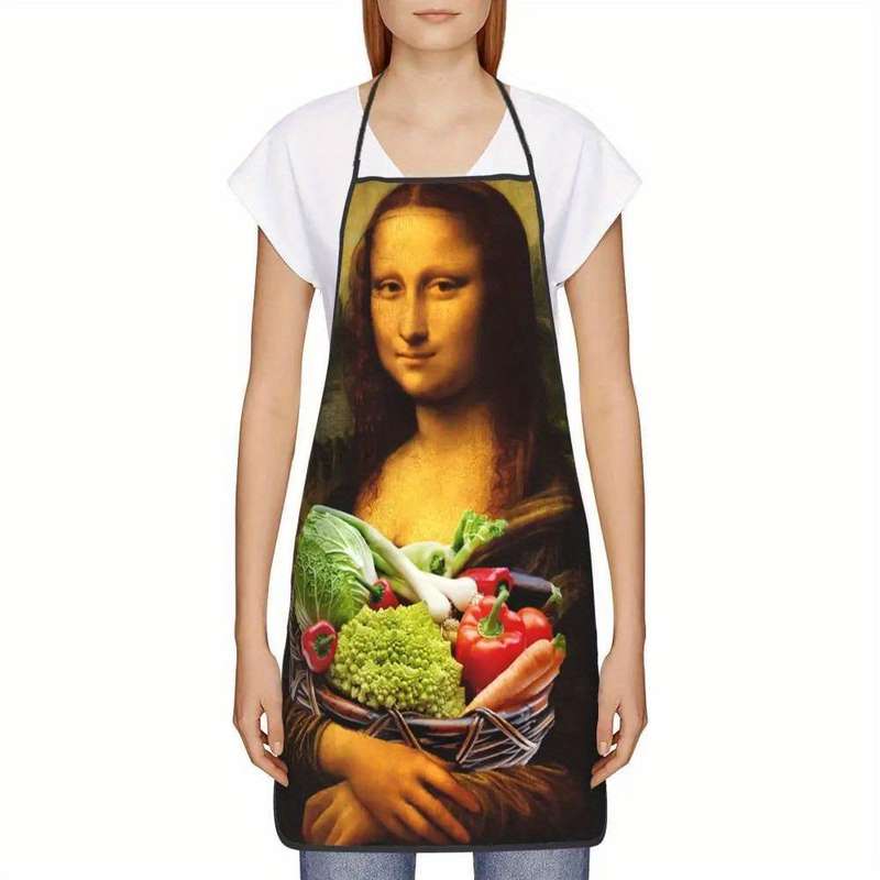 1pc Funny Mona Lisa Loves Vegetables Apron Humorous Artistic Design 100% Polyester Bib Apron