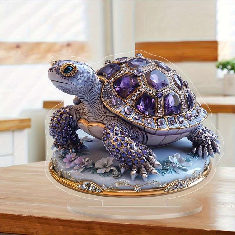 1pc 2D Flat  Boho Style  Acrylic Turtle Decor with Gemstone Purple and Golden Accents Versatile