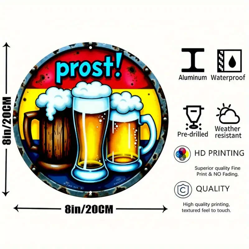 1pc Festive Beer Mug Metal Sign 20.32x20.32cm Round Aluminum Wall Art with Prost Greeting Ideal for