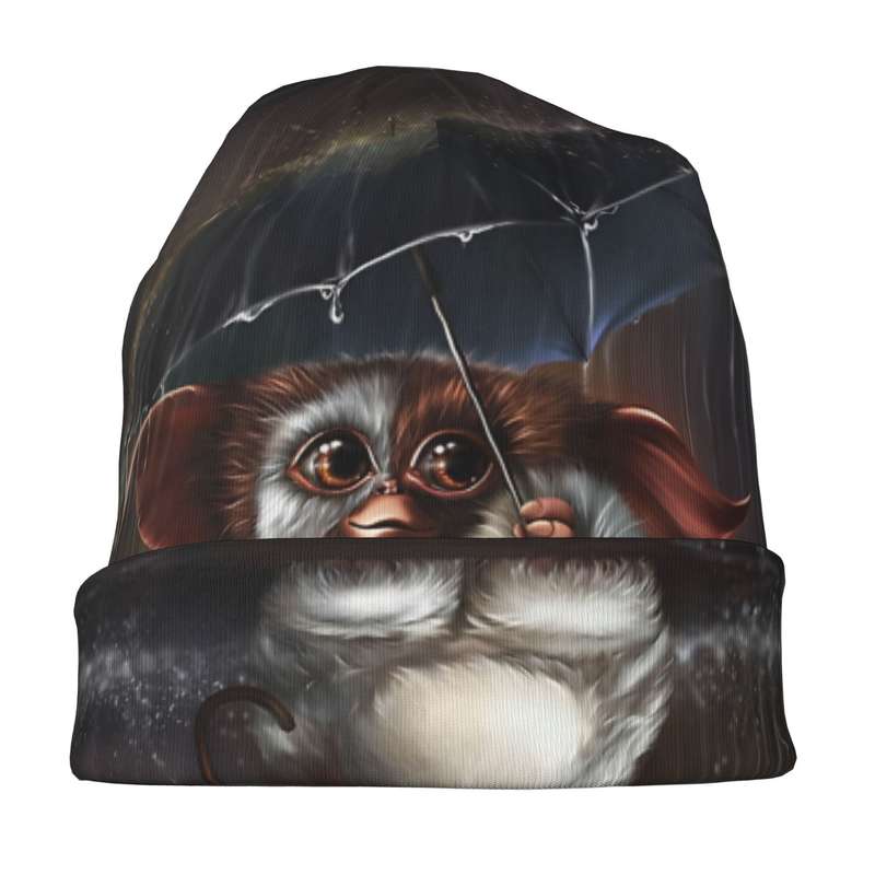 1pc Whimsical Gizmo-Themed Skull Cap Cozy Knit Beanie with Cute Umbrella Rain Design Soft Pol
