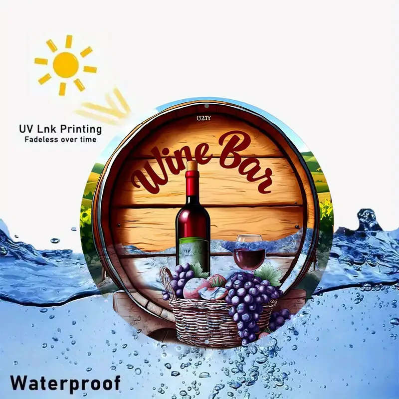 1pc Bottle of Wine And a Basket of Fruit in Front of a Wreath Sign 8-Inch Round Aluminum Sign Perfec