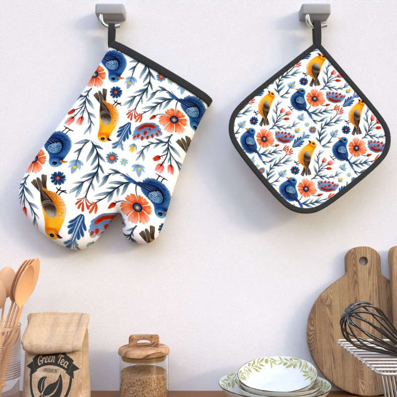 2pcs Floral Bird Design Heat-Resistant Oven Mitts 26.92x17.02 cm Colorful Polyester Kitche
