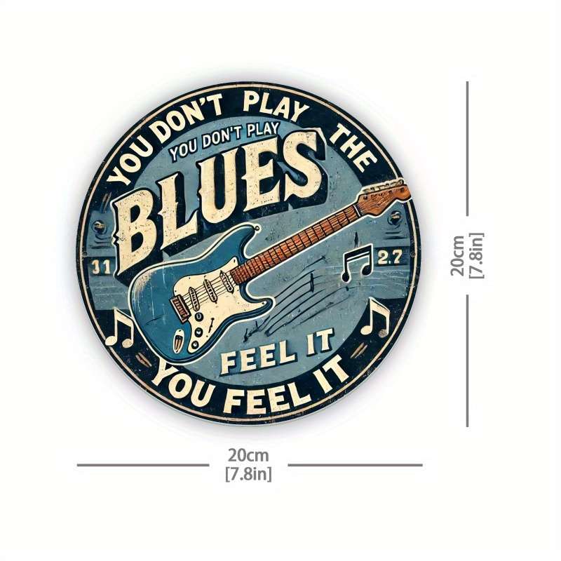 1pc  Vintage Blues Guitar Metal Sign 20.32X20.32 cm Iron Wall Hanging Decor Retro Circular Tin