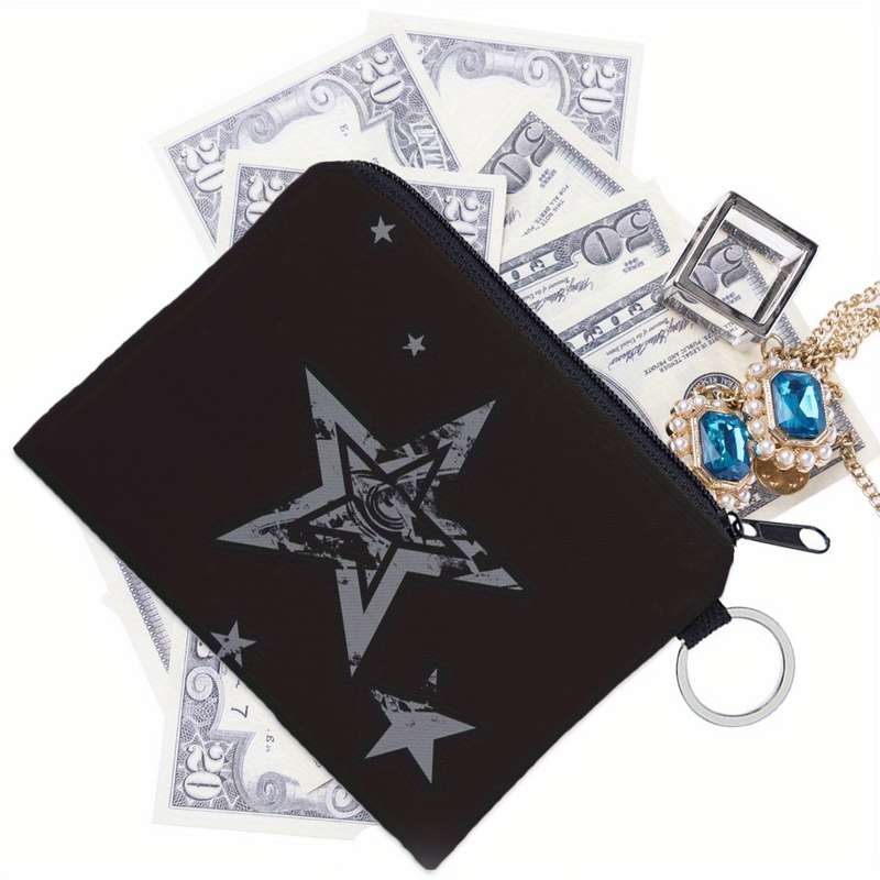 1pc Black Polyester Star Print Coin Purse with Keychain C 3D Pentagram Design Multi-Functional Zip
