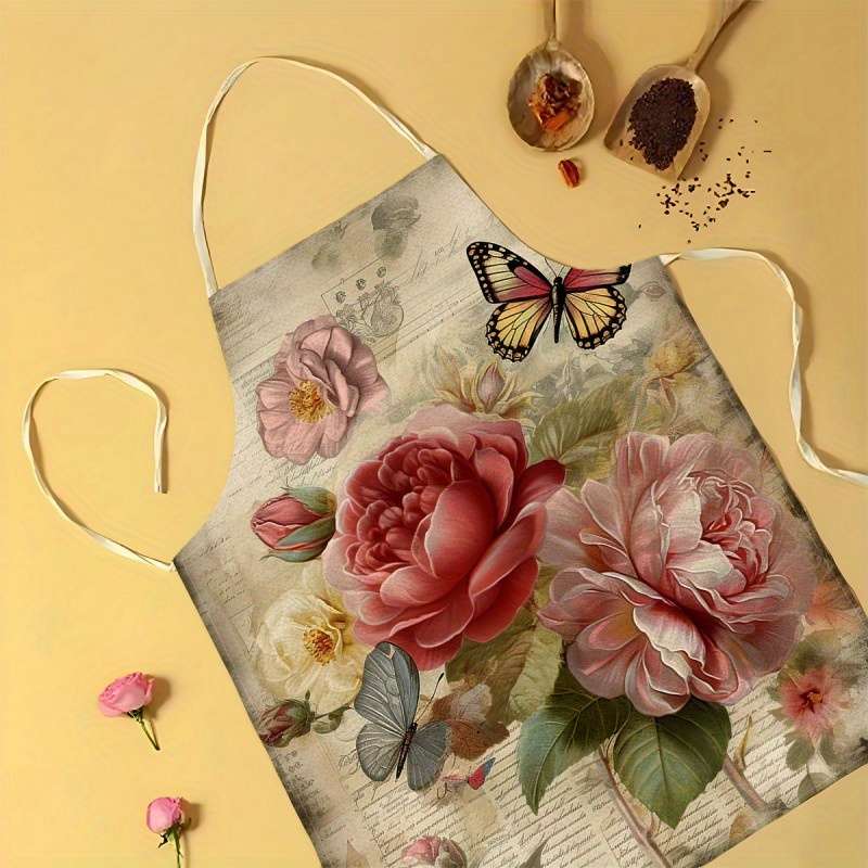 1pc Floral Print Linen Apron Stylish Vintage Rose Design Lightweight Breathable for Cookin