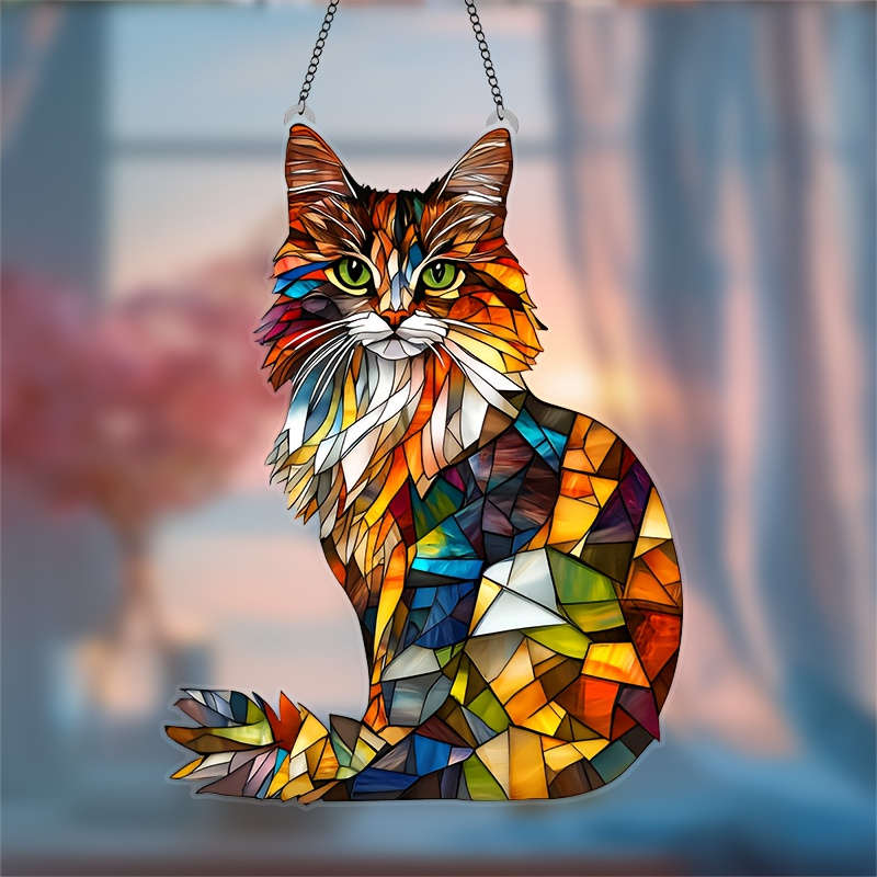 1pc 2D Flat   Acrylic Colorful Long-Haired Cat Sun Catcher 6.2x8 Inches Vibrant Mosaic Wall Ar