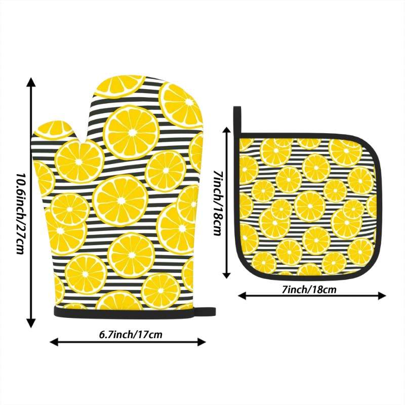 2pcs Lemon Print Oven Mitts Heat Resistant Kitchen Gloves with Black White Striped Design