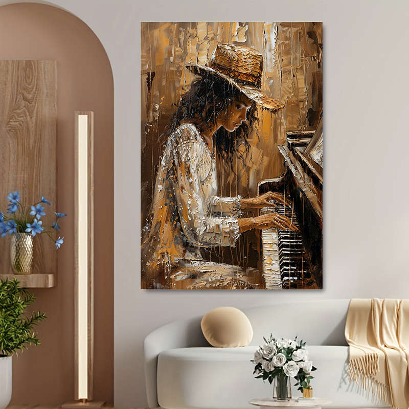 1pc 23.62x35.43in 60cmx90cm Frameless Modern Abstract Women Playing Piano Wall Art Canvas Paint