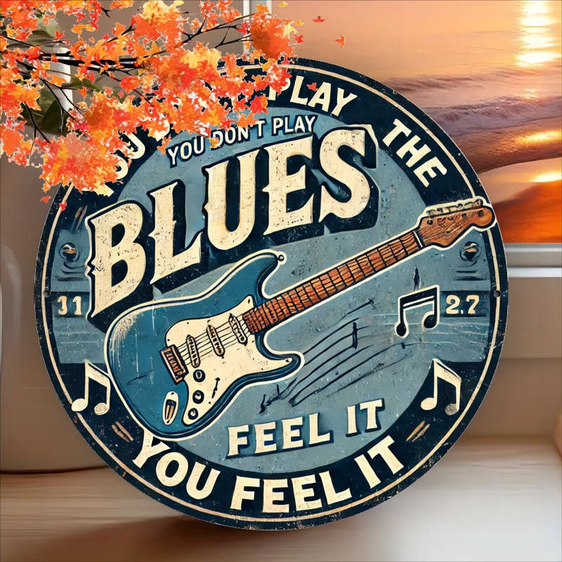 1pc  Vintage Blues Guitar Metal Sign 20.32X20.32 cm Iron Wall Hanging Decor Retro Circular Tin