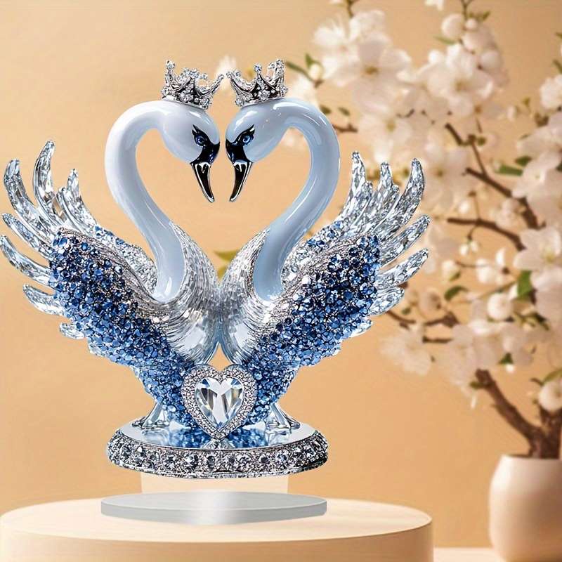 1pc 2D Flat   Ornate Style Acrylic Swan Statue with Heart Shaped Crown Romantic Desktop Decorat