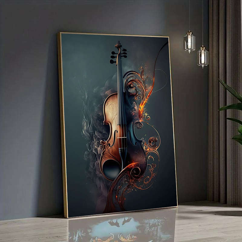 1pc  Large 79.98x119.99cm Frameless Canvas Art Elegant Violin Design with Fiery Swirls Modern