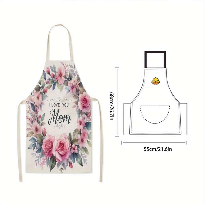 1pc Single-Piece Apron Floral Design with "I Love You Mom" Message Durable Polyester Unisex Kitc