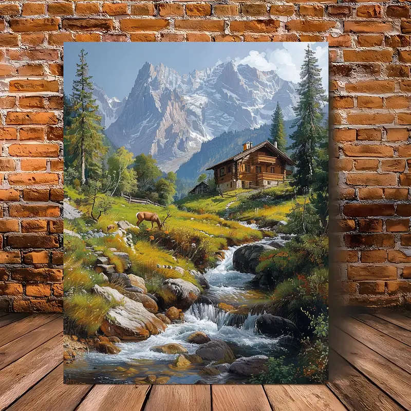 1pc Wooden Framed Canvas Painting an Oil Painting of The Picturesque Alpine Landscape Surrounded by