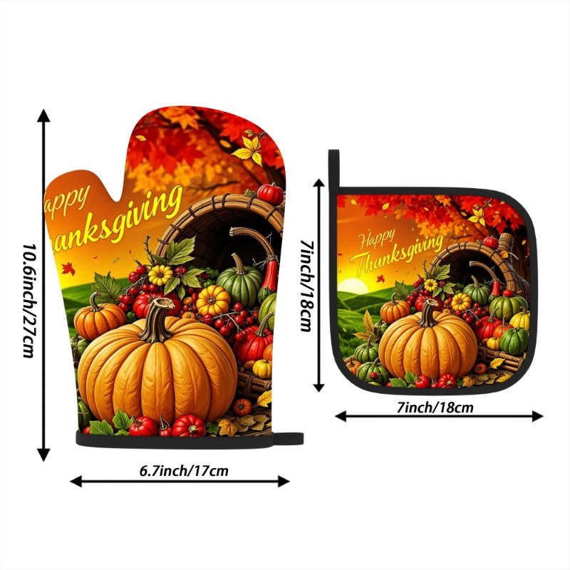 2pcs Autumn Harvest Heat-Resistant Oven Mitts 26.92x17.02 cm Vibrant Pumpkin Vegetables De