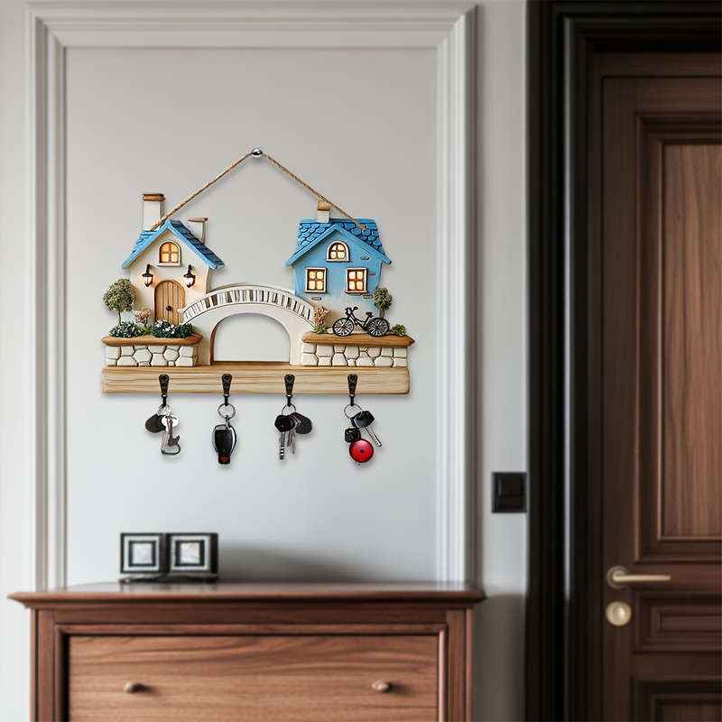 1pc Bridge Cottage- Household Wooden Key Rack( 29.97cm x 22.86cm) Comes with Four Metal Hooks- Mul