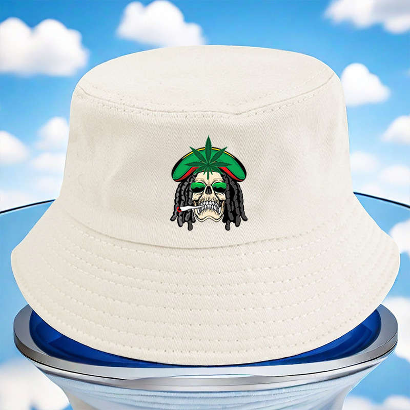 1pc Reggae Style Green Leaf Skull Print Bucket Hat Lightweight All-Season Fisherman Cap with T