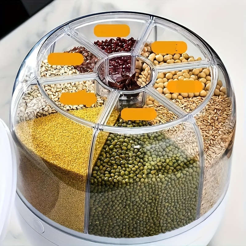 6-Compartment Rotating Rice Bucket with Transparent Lid Large Capacity Grain Storage Containe