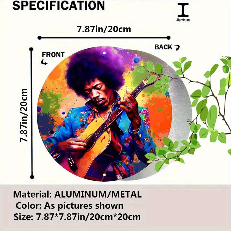 1pc Vibrant Jimi Hendrix-Inspired Metal Wall Art Round Decor Sign with Splattered Paint Design 1