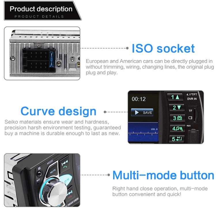 SWM-4022D HD 4.1 inch 12V Universal Car Radio Receiver MP5 Player, Support FM & Bluetooth & TF Card