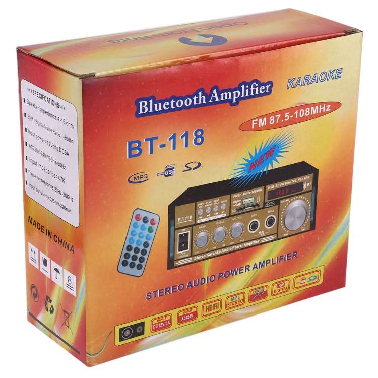 BT-118 Bluetooth HiFi Stereo Audio Amplifier with Remote Controller, LED Display, USB / SD & MMC Car