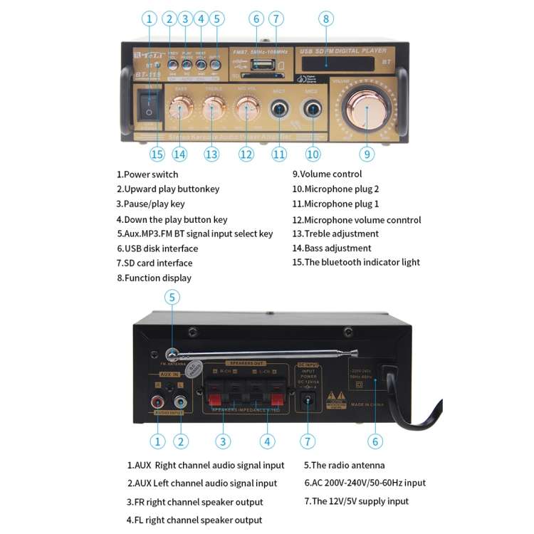 BT-118 Bluetooth HiFi Stereo Audio Amplifier with Remote Controller, LED Display, USB / SD & MMC Car