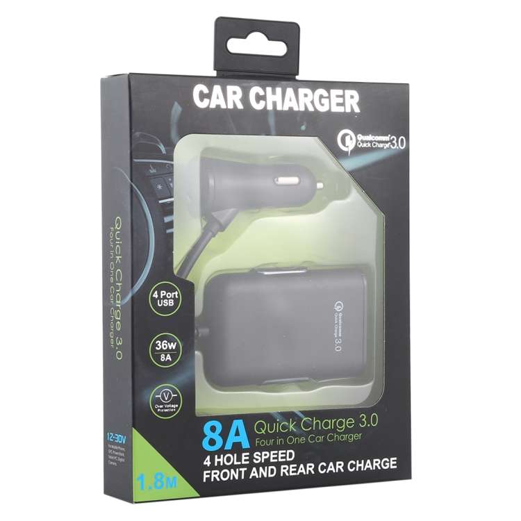 HMQ-C801 1.8m 8A Max 4 Ports USB Car Charger with Extending USB HUB for Front & Back Seat Charging (