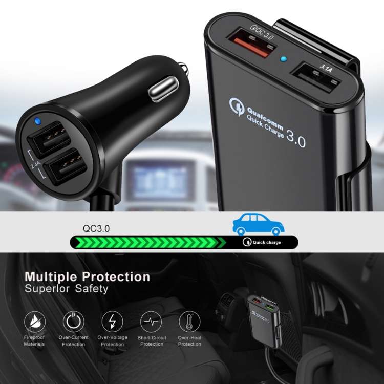 HMQ-C801 1.8m 8A Max 4 Ports USB Car Charger with Extending USB HUB for Front & Back Seat Charging (