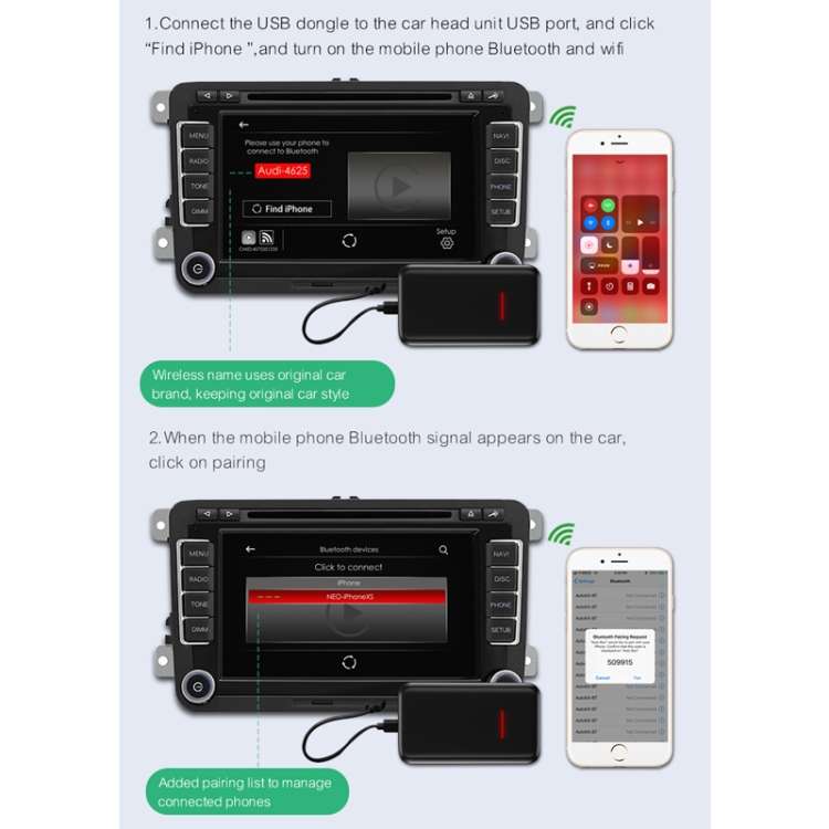 Original Car Wired to Wireless iOS Carplay Module Auto Smart Phone Carplay USB Navigation(Black)
