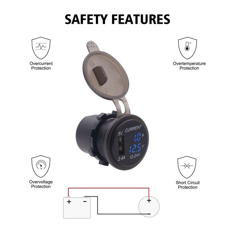 Universal Car Single Port USB Charger Power Outlet Adapter 2.4A 5V IP66 with LED Digital Voltmeter +