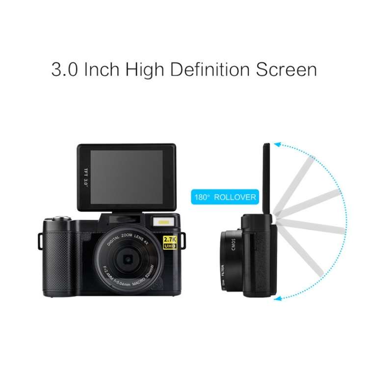 R2 2.7K Vlog Camera 4X Zoom Digital Camera with 3.0 inch Flip Screen (Black)