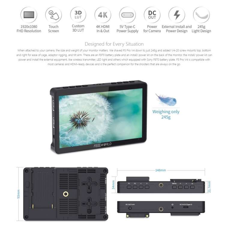 FEELWORLD F5 Pro V4 6 inch Touch Screen DSLR Camera Field Monitor 3D LUT 4K HDMI Input Output Tilt A
