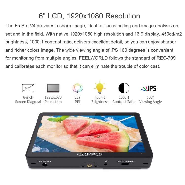 FEELWORLD F5 Pro V4 6 inch Touch Screen DSLR Camera Field Monitor 3D LUT 4K HDMI Input Output Tilt A