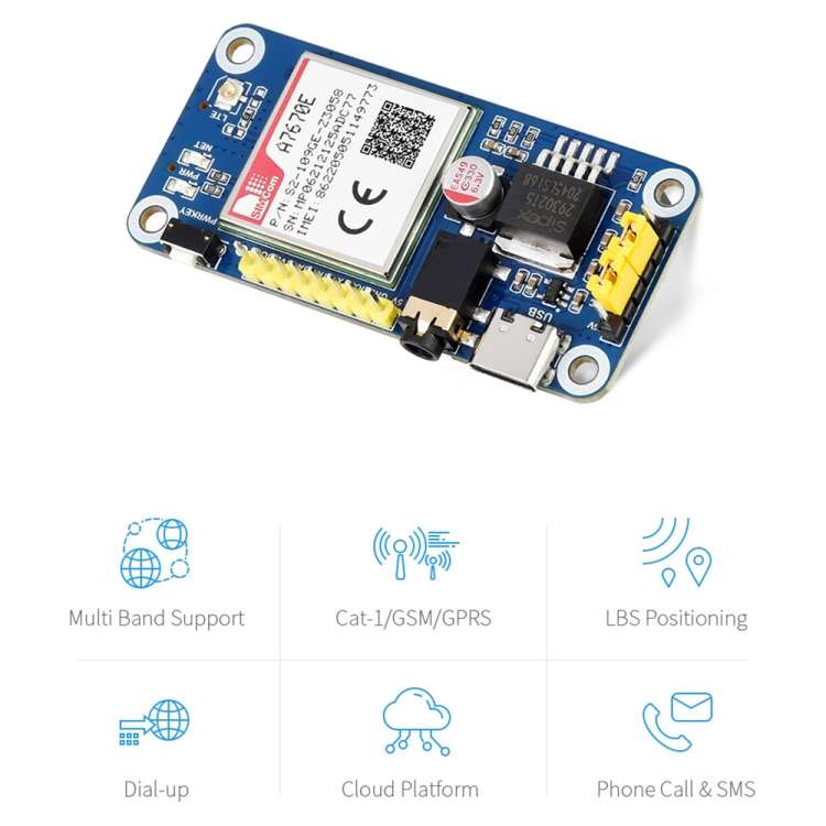Waveshare Multi Band 2G GSM / GPRS LBS A7670E LTE Cat-1 HAT for Raspberry Pi, for Europe, Southeast