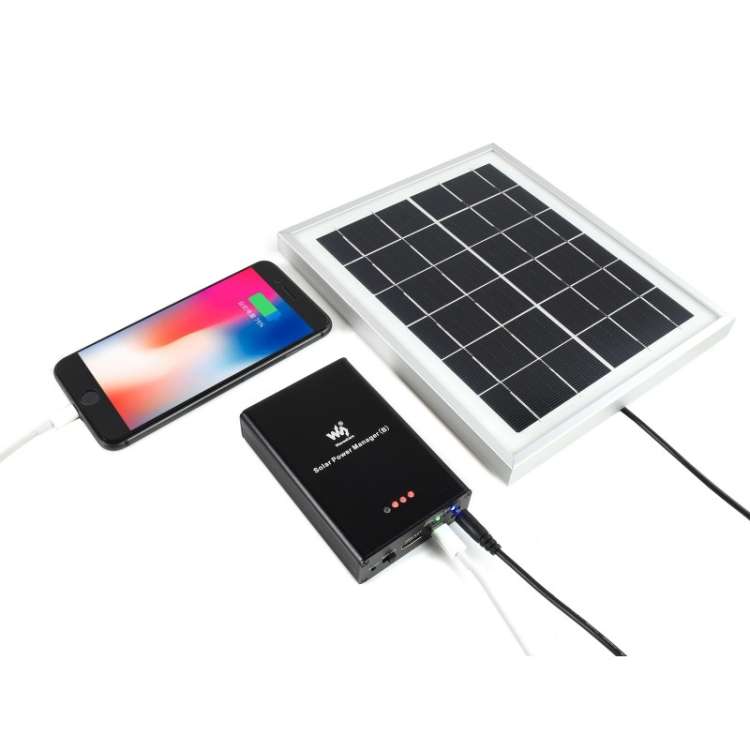 Waveshare Solar Power Manager, Embedded 10000mAh Li-Po Battery, Support 6V~24V Solar Panels (Black)