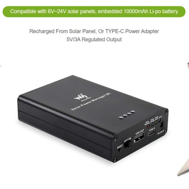 Waveshare Solar Power Manager, Embedded 10000mAh Li-Po Battery, Support 6V~24V Solar Panels (Black)