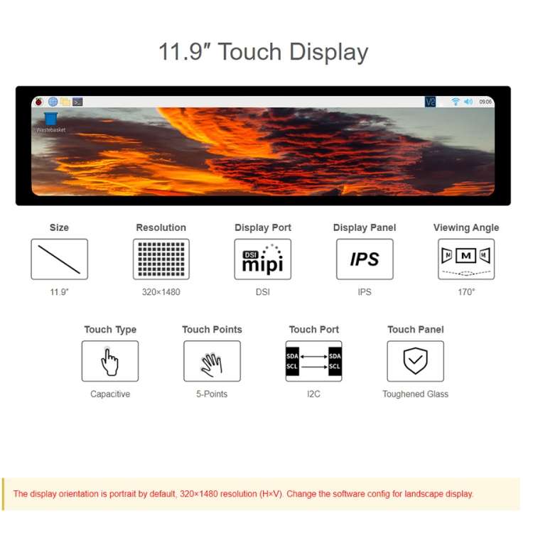 WAVESHARE 11.9 inch Capacitive Touch Display For Raspberry Pi, 320 x 1480, IPS, DSI Interface