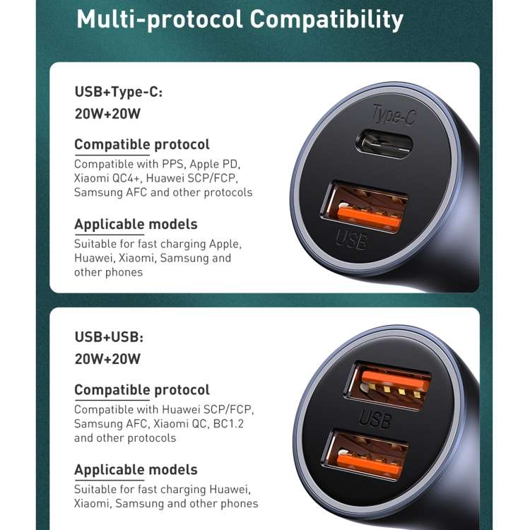 Baseus CCJD-0G Golden Contactor Pro 40W USB + Type-C Quick Charging Car Charger (Dark Grey)