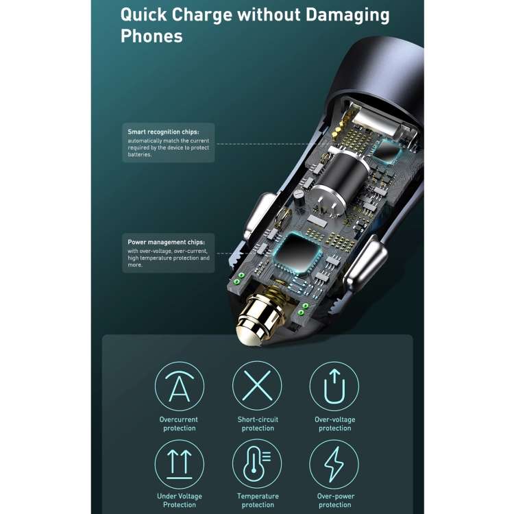 Baseus CCJD-0G Golden Contactor Pro 40W USB + Type-C Quick Charging Car Charger (Dark Grey)