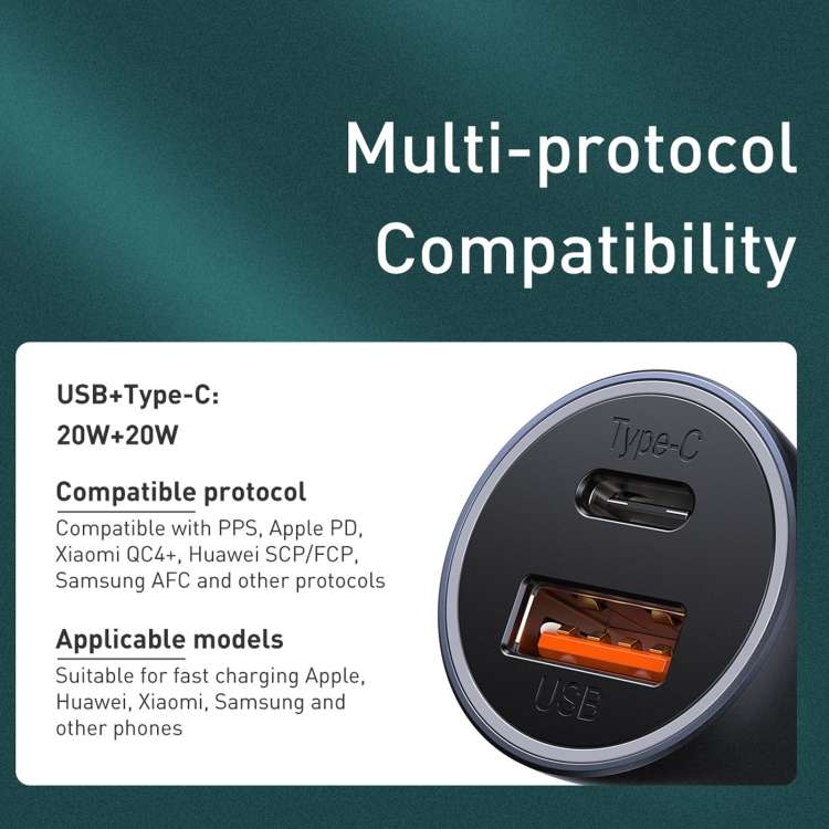 Baseus TZCCJD-B0G 40W USB + Type-C / USB-C Car Fast Charging Charger Set with 1m Type-C / USB-C to 8