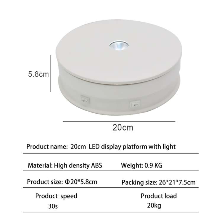 20cm Electric Rotating Turntable Display Stand LED Light Video Shooting Props Turntable, Power Plug: