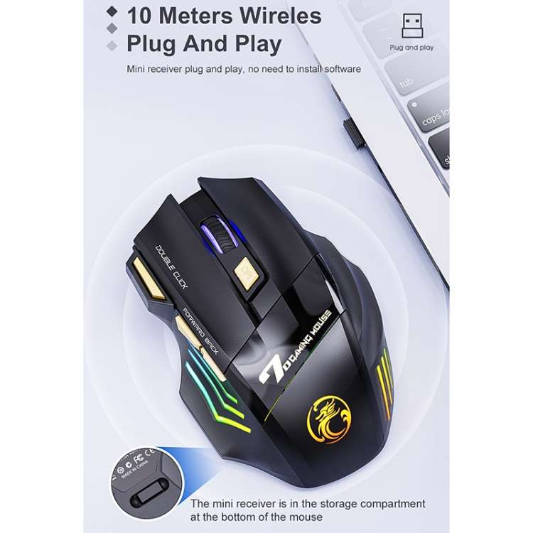 iMICE GW-X7 7-button Silent Rechargeable Wireless Gaming Mouse with Colorful RGB Lights(Black)