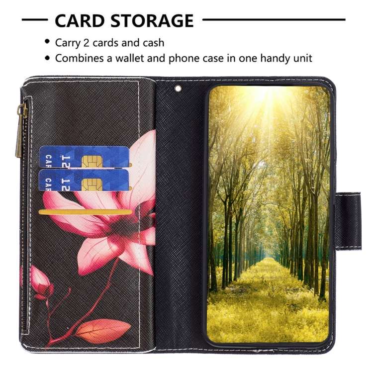 For Samsung Galaxy M14 5G Colored Drawing Pattern Zipper Leather Phone Case(Lotus)