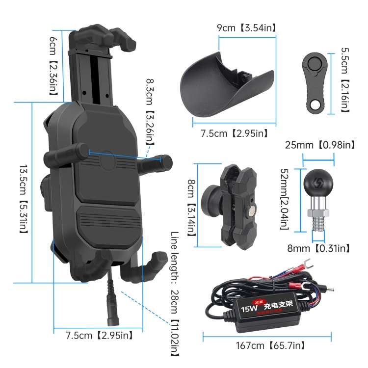 WUPP ZH-1848B1 15W Motorcycle Wireless Fast Charging Phone Navigation Holder, Style:M8 Ball Joint