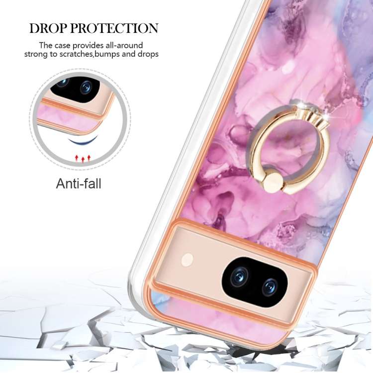 For Google Pixel 8a Electroplating Marble Dual-side IMD Phone Case with Ring(Pink 013)
