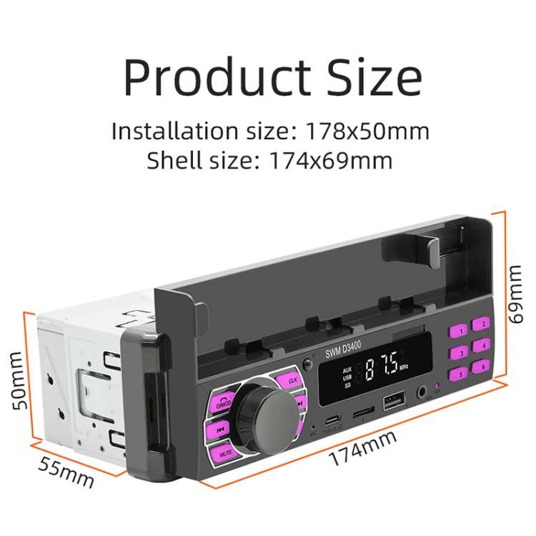 SWM D3400 Car Bluetooth MP3 Player Support Smart Voice Assistant / FM(Black)