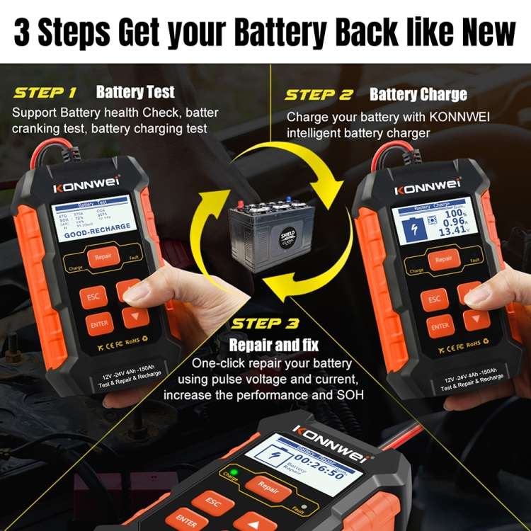 KONNWEI KW520 12V / 24V 3 in 1 Car Battery Tester with Detection & Repair & Charging Function(EU Plu