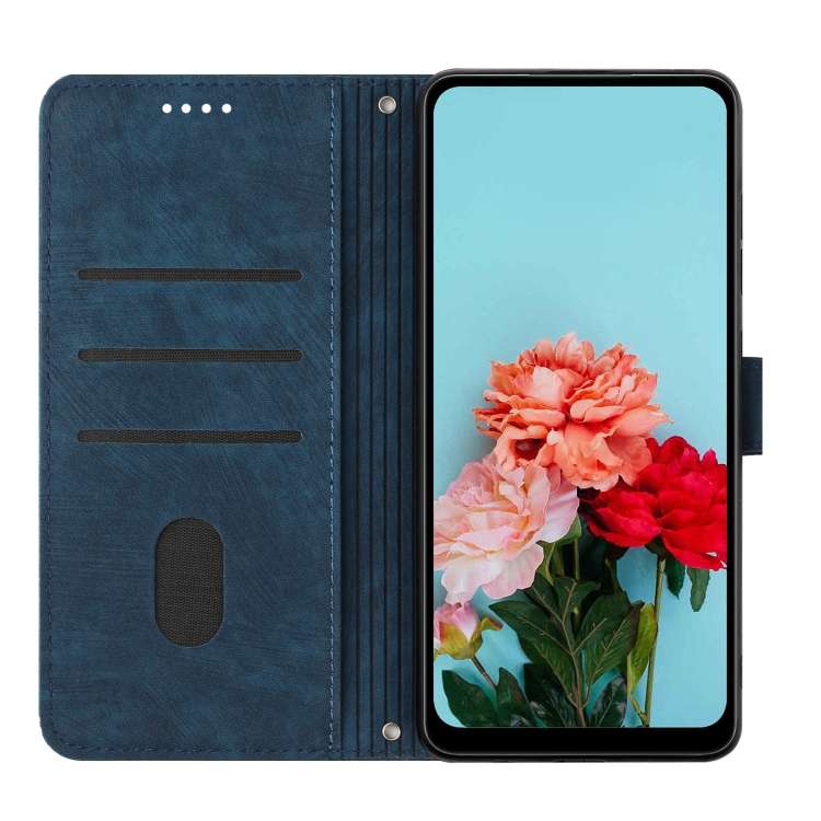 For Infinix Smart 8 Skin Feel Stripe Pattern Leather Phone Case with Lanyard(Blue)