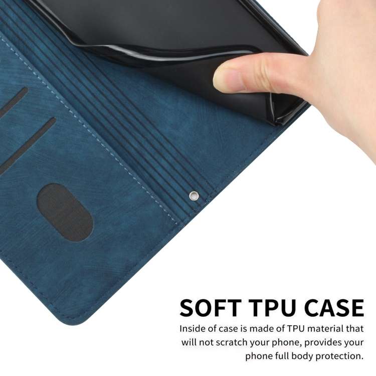 For Infinix Smart 8 Skin Feel Stripe Pattern Leather Phone Case with Lanyard(Blue)
