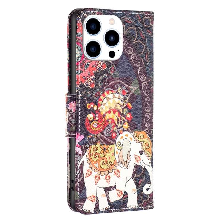 For iPhone 16 Pro Max Colored Drawing Pattern Flip Leather Phone Case(Flowers Elephant)